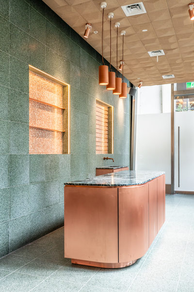 Hospitality fit-out and venue detail at Collins Arch Cafe, Melbourne by WB Built