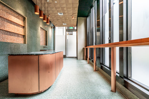 Hospitality fit-out and venue detail at Collins Arch Cafe, Melbourne by WB Built